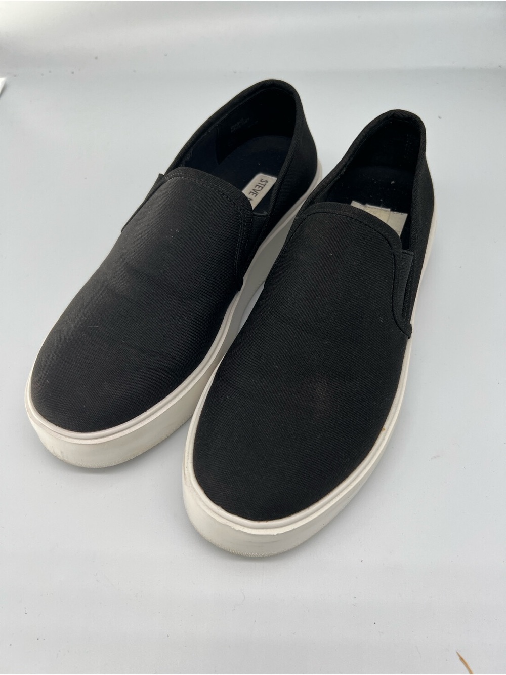 Steve Madden Black Canvas Slip-On Sneakers with White Sole